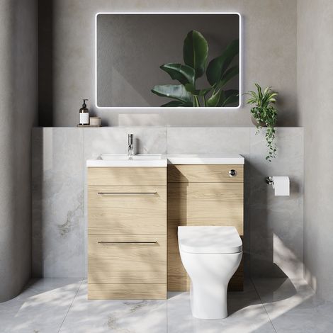 Napoli 390 Light Oak 1000mm 2 Drawer Vanity Unit Toilet Suite with Left Hand Square Lucia Basin - 1000mm - Chrome 320mm HandleWith Kingston Toilet Pan and Seat