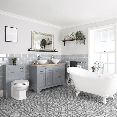Milano Thornton Light Grey Bathroom Suite with Freestanding Double Ended Slipper Bath and Feet  1210mm Vanity Unit with Countertop Basin and Back to Wall Toilet WC Unit - White Ball & Claw Feet (1/5)