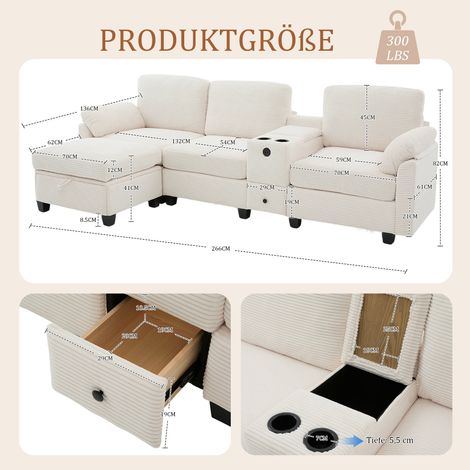 Grand canapé velours côtelé avec mousse confortable,console amovible,USB-C,poche latérale,tiroir de rangement et ottoman mobile.-Da (1/5)