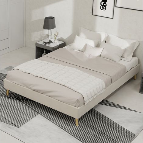 Lit en tissu beige 140x200 cm avec tête de lit géométrique et sommier à lattes (1/5)