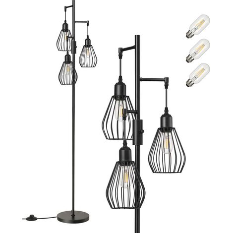EDISHINE Lámpara de Pie LED Vintage Negra, Regulable, con 3 Pantallas de Jaula en Forma de Lágrima y Bombillas E27, Diseño Industrial Fabricada en Metal, Ideal para Salón, Oficina o Dormitorio