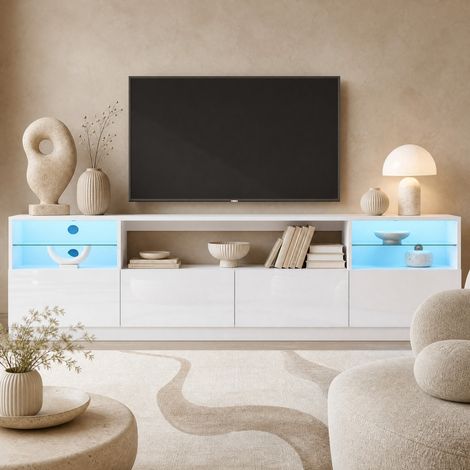 Mobile TV con LED, 180 x 35 x 60 cm, 4 ante a battente, 8 vani, bianco lucido DESVIAE (1/5)