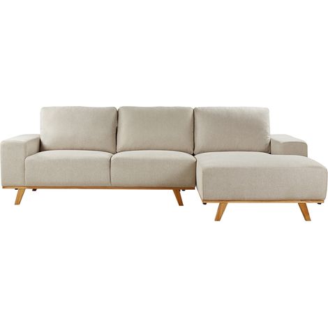 Sofá esquinero moderno tapizado de poliéster patas de madera clara respaldo acolchado izquierdo beige Nora (1/5)