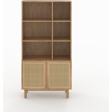 Biblioteca de madera maciza de mindi y ratán - Delya (1/4)