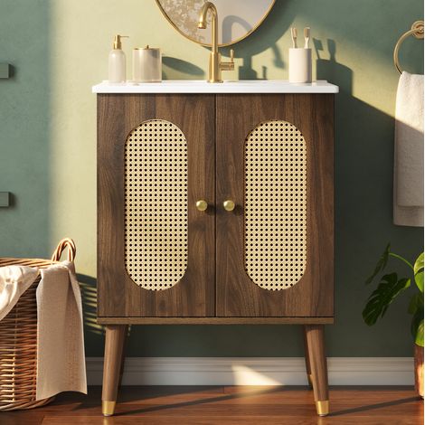 Mobile bagno con lavabo 61 x 47 x 89 cm in MDF e ceramica, finitura noce, FloraGrace (1/5)