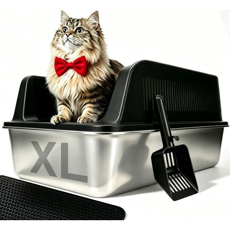 Bac à Litière Chat XXL en Inox avec Pelle et Tapis, Bords Hauts Amovibles, Anti-Fuite, Anti-Odeurs, Facile à Nettoyer, Noir 57 x 37 x 36 cm (1/5)