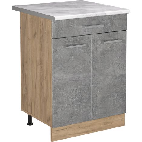 Mueble bajo de cocina R-Line, Hormigón/Roble dorado, 60 cm con cajón encimera Mármol, Vicco (1/5)