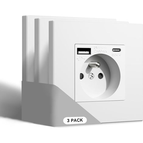 Prise Murale avec USB et 1 Type C,16A Prises de Courant Alternatif avec Panneau en Plastique,Convient au Smartphone,à la Tablette (1 Prise avec USB et Type C,Blanc)-3 Paquests (1/5)