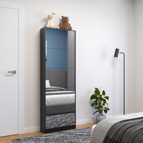 Schuhschrank mit Vollspiegel 5 Klappen, Schwarz, MDF, 63x19,6x185 cm (1/5)