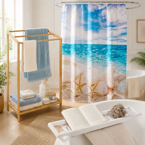 Ensemble de salle de bain en bambou à motifs pour la douche (3 pièces) – Étagère de salle de bain, rideau imprimé et porte-serviettes à 3 barres (1/5)
