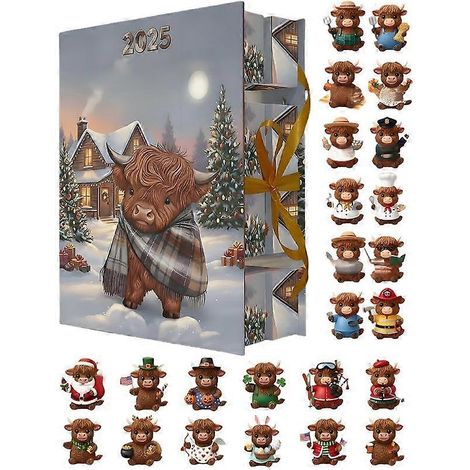 Calendario de Navidad con cuenta regresiva, figura de vaca de las Tierras Altas de 24 días, adorable animal, regalos de Navidad (1/5)