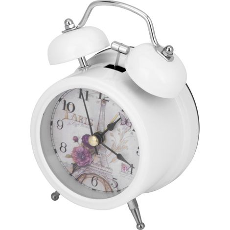 Mini réveil numérique en métal silencieux avec lumière et clochette scintillante, blanc, idéal pour une chambre d'étudiant. (1/5)