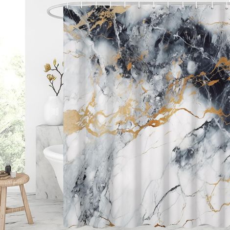 Rideau de douche, 180 x 180 cm, noir et blanc avec texture dorée marbre, art moderne, tissu imperméable, lavable en machine, avec crochets (1/5)