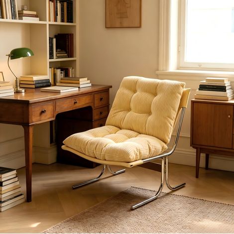 Lounge-Sessel aus Cord-Samt in Elfenbein mit abnehmbarem Bezug und Metallbeinen (1/5)