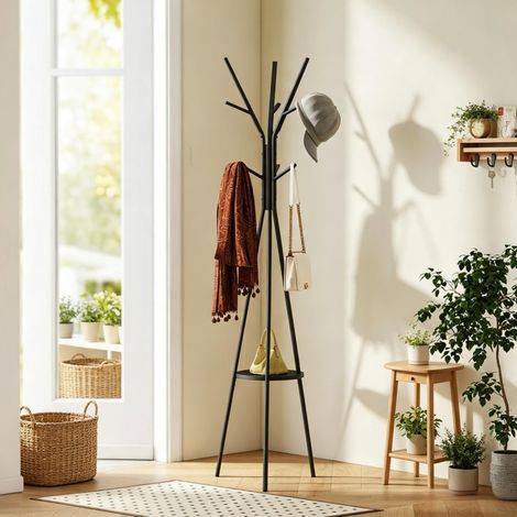 Schwarze Standgarderobe aus Metall und MDF mit 9 Haken und Ablage (1/5)