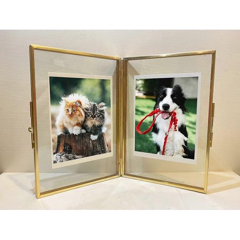 Cadre photo doré - Cadre en verre double pliable 4 x 6 pouces pour fleurs pressées - Métal laiton vintage et cadre flottant - Format photo vertical à charnière (4 x 6 pouces) (1/5)