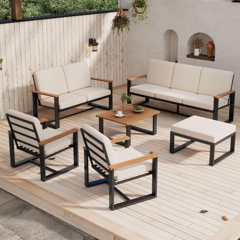 Salon de jardin bas, Grand ensemble table basse et canapés de terrasse extérieur, d'acacia massif 6 pièces, Beige