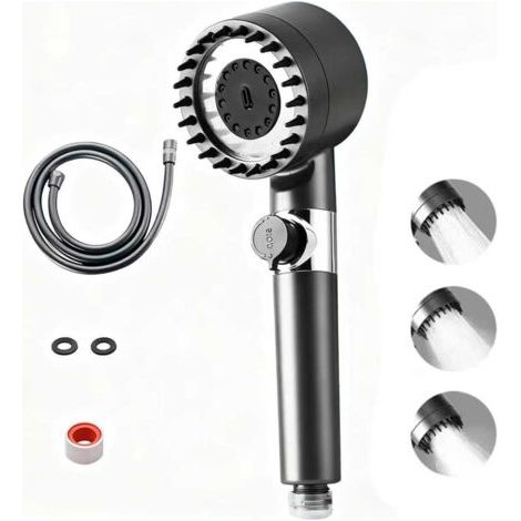 Pommeau de Douche Haute Pression Économique, Flexible PVC 1.5m, 4 Jets Réglables + Filtre Anti-Calcaire, Bouton Stop, Support Murale - Chrome (1/5)