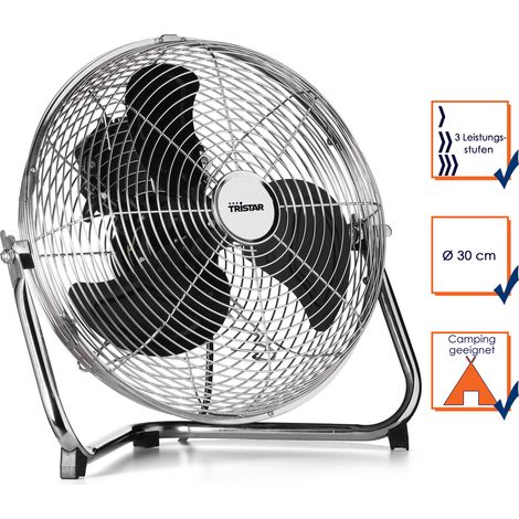Bodenventilator in silber, Ø 30cm, 55 Watt, 3 Leistungsstufen, 130° Winkel