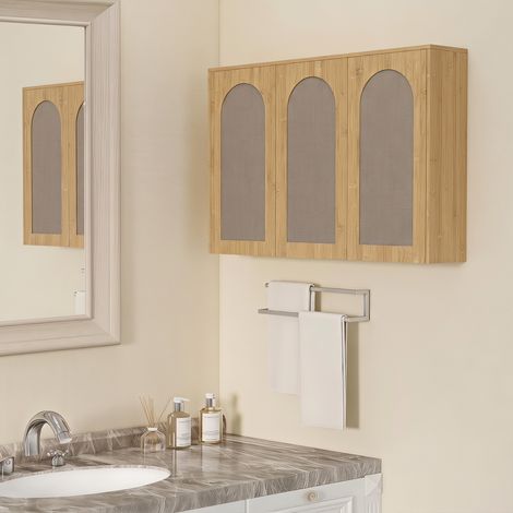 Armoire murale de salle de bain bohème avec 3 portes effet rotin à fermeture douce et étagère réglable, chêne (1/5)