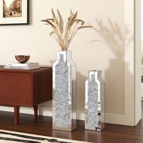 Modern Glam Mirrored Crystal Floor Vase Set of 2 - Tall Decorative Vases with Crushed Diamond Inlay for Living Room, Entryway, Home Accent (1/5)