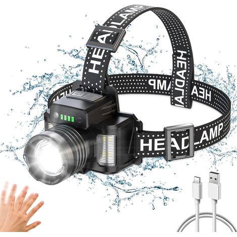 Linterna frontal LED recargable, ajustable, 9000 mAh, para uso en camping, linterna frontal superbrillante de 90 000 lúmenes, 3 modos con sensor de movimiento (1/5)