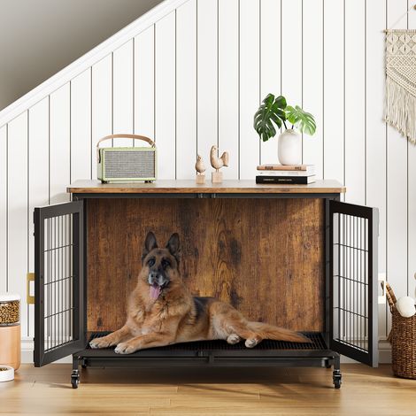 Cage pour chien robuste en bois avec roulettes verrouillables – Plateau amovible, base grillagée, meuble d'intérieur style table d'appoint – Idéale pour chiens de petite à moyenne taille jusqu'à 30 kg (1/5)
