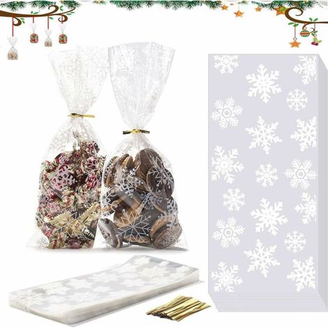 Sac Cellophane - 100 Pièces - 27,5 x 12,5 cm - Pour Biscuits Chocolats Bonbons - Avec Liens Torsadés Dorés (1/5)