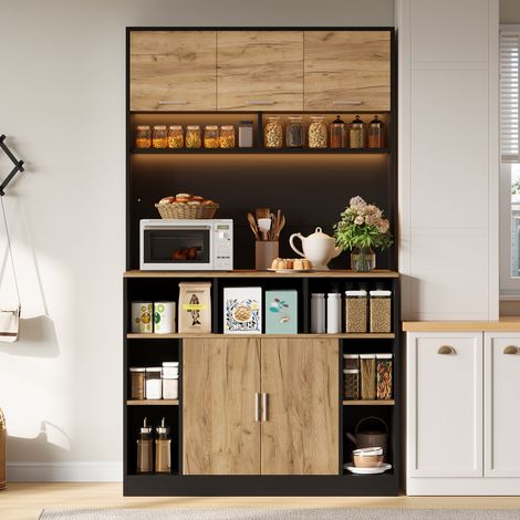 Buffet de cuisine haut 105x40x180 cm - éclairage led - grand rangement - étagères réglables - commande par application - 5 portes - vert (1/5)