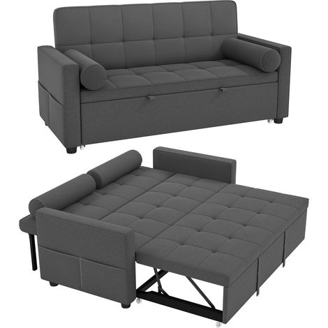 Canapé convertible 2 places - HOMCOM - 3 en 1 - lit gigogne double et dossier réglable - tissu aspect lin - 80,5x137,5x84cm - gris