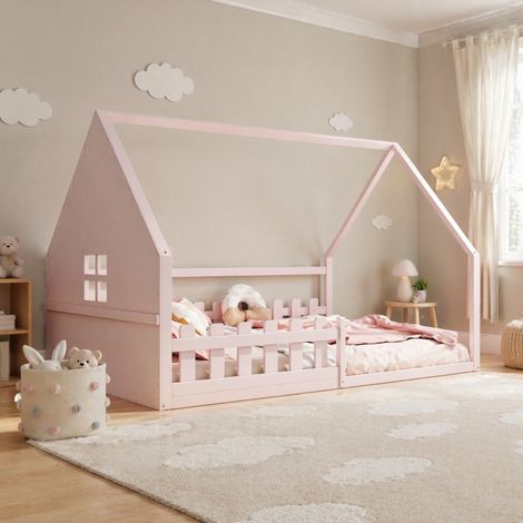 Lit cabane enfant 140x200 cm rose – avec barrière de sécurité, sans matelas (1/5)