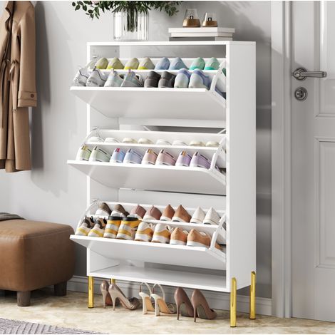 Schuhschrank 73x24x120 cm Weiß aus MDF mit 3 Türen und grifflosem Design (1/5)