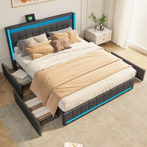 Lit double 180×200 cm, lit rembourré avec éclairage LED, cadre de lit, Tête de lit rembourrée en lin avec ports USB, 4 Tiroirs, Gris (1/5)