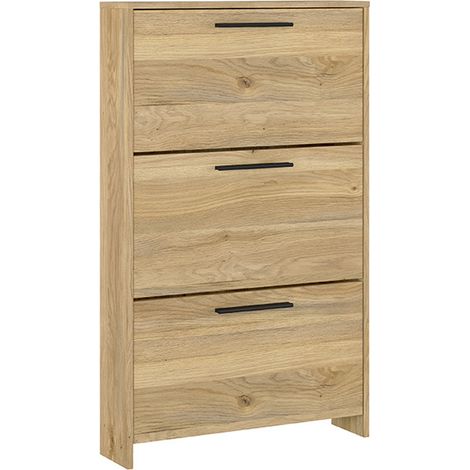 Meuble à chaussures, commode à chaussures à 3 portes coloris chêne Mauvella - Longueur 68,50 x profondeur 17 x hauteur 115,50 cm (1/4)