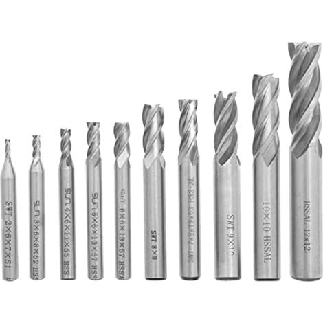 Kit de 10 fraises HSS à 4 dents, manche droit, diamètres 2/3/4/5/6/7/8/9/10/12 mm, longueur du manche : 6/8/10/12 mm, pour bois, aluminium et acier titane. (1/5)