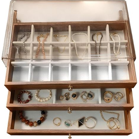 Elegante Schmuck-Organizer-Box, Holz-Armband-Etui, große Kapazität, Aufbewahrung mit herausnehmbaren Tabletts, samtgefütterter Zubehörschrank, Display mit klassischem Design, Kollektion für Damen (1/5)