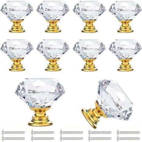 10 Poignées de meuble, cristal transparent diamètre 3 cm, base alliage zinc doré, pour tiroirs et armoires cuisine salle de bain (1/5)