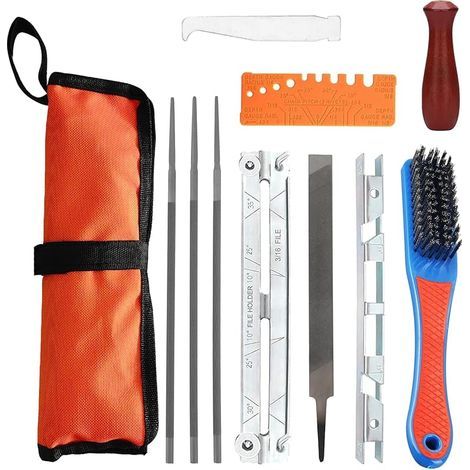 Kit d'Affûtage Universel pour Chaîne de Tronçonneuse Portable Kit Affutage Chaine Tronçonneuse 11 Pièces avec Limes Rondes 4/4,8/5,5mm Lime Plate Manche Guide de Lime et Pochette (1/5)