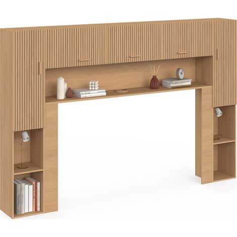 Pont de lit JULIETTE 226 cm avec rangements effet lattes tasseau de bois (1/5)