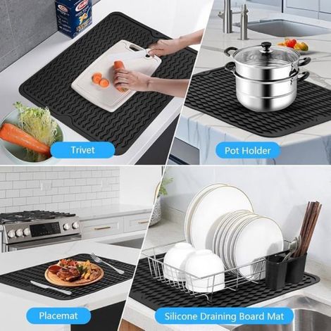 Tapis Egouttoir Vaisselle - Silicone Alimentaire - 40 x 50 cm - Noir - Pour Comptoir Cuisine - 1 Pièce (1/5)