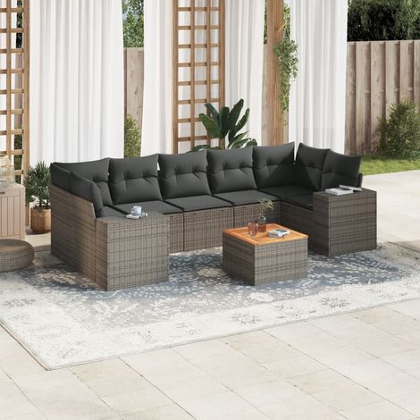 Salon de jardin en résine tressée gris 8 places, avec canapés modulaires, table en acacia et coussins amovibles (1/3)