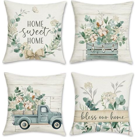 Eucalyptus Leaves Cushion Cover 45 x 45 cm Blue Truck Polyester Linen Decorative Pillowcase Sofa Home Garden Outdoor Decoration (1/5)