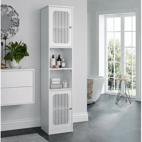 Armario de baño alto, con estantes regulables, MDF y tablero aglomerado blanco (1/5)