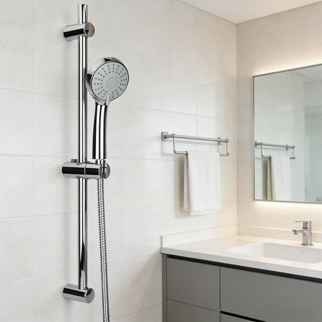 Colonne de Douche sans Mitigeur Barre de Douche en Acier Inoxydable de 70 cm avec Flexible de 1.5 m Pommeau de Douche (3 Modes) et Support pour Salle de Bain Chrome (1/5)