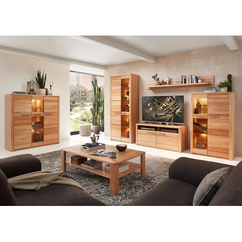 Wohnzimmer Set mit Highboard, Beleuchtung, Front Kernbuche massiv NEWTON-36 (1/5)