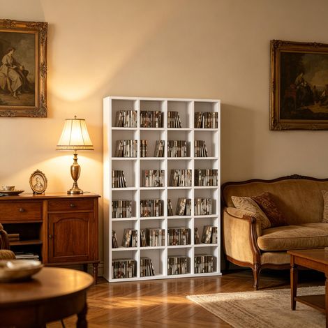 Meuble de rangement Vitrine CD DVD Blu-ray 89x20x130.5cm avec étagères réglables,capacité 336 disques,panneaux de particules blanc (1/5)
