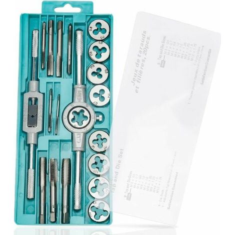 Juego de machos y terrajas, juego métrico de 20 piezas: M3, M4, M5, M6, M7, M8, M9, M10, M12. Juego de machos y terrajas de rosca métrica con mango de llave y estuche de almacenamiento. (1/5)