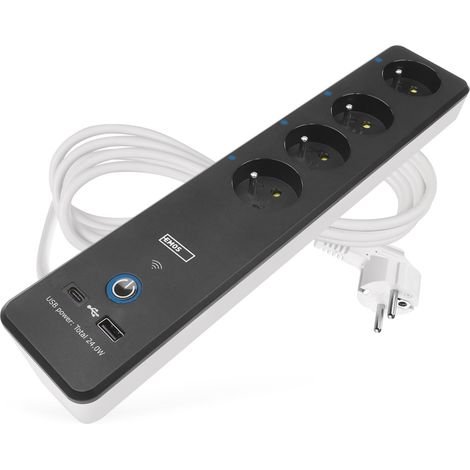 Bloc multiprise 4 Prises avec WiFi, App, 2 Ports USB-C/USB-A, wattmètre, minuterie et Interrupteur - 2 m - Compatible, Google Assistant - Standard French (1/5)