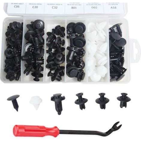 Ej.Life Lot de 100 clips de fixation pour carrosserie de voiture, rivets en plastique, fixations pour pare-chocs, garniture de porte, vis avec outil de démontage (1/5)
