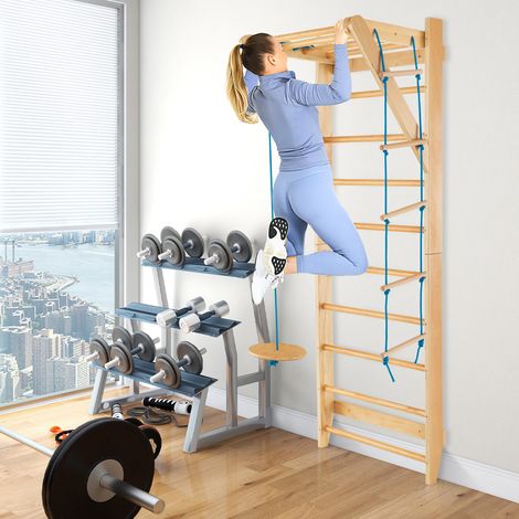 Wood Stall Bar with Swedish Wall Pull Up Bar Rope Ladder and Trapeze (1/5)
